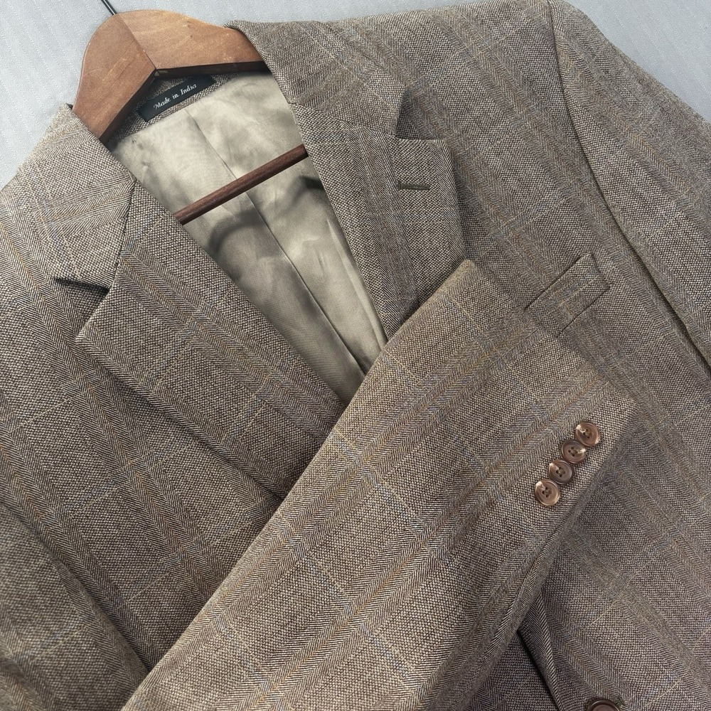 Lauren Ralph Lauren Mens 43R Tweed Blazer Coat Brown Plaid Windowpane 100% Wool